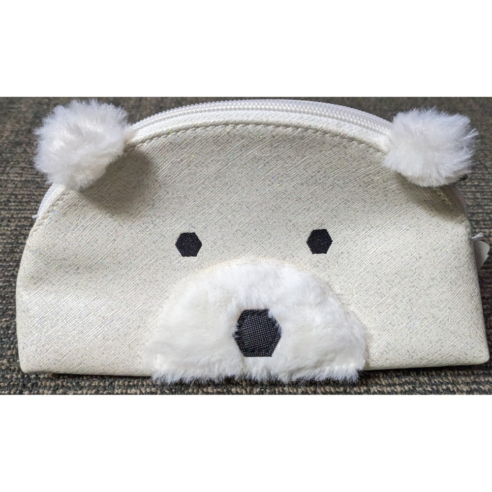Retired Bath Body Works Cosmetic Bag Polar Bear With Fur & Face Glitter White‎